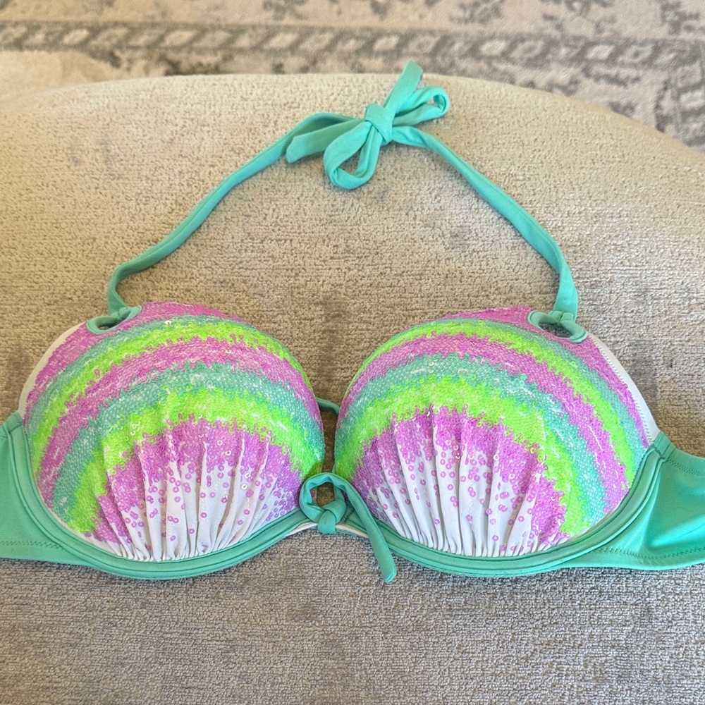 36C Push Up Victoria's Secret Aqua Purple Sewuin Bikini Top with Striped Waves